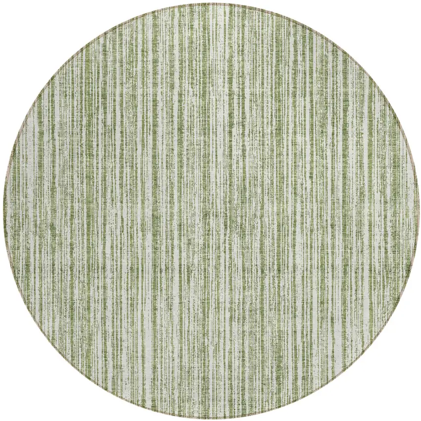 8' Green And Ivory Round Striped Washable Indoor Outdoor Area Rug Photo 1
