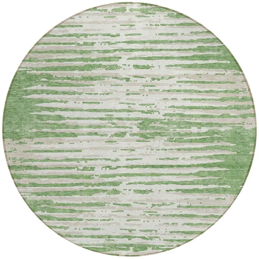 8' Green And Ivory Round Striped Washable Indoor Outdoor Area Rug Photo 4