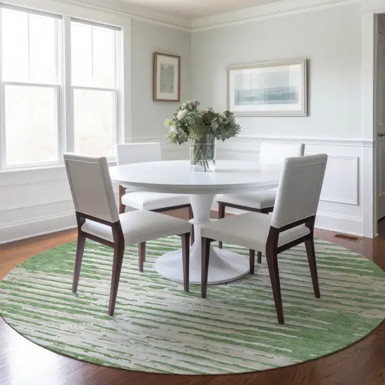 8' Green And Ivory Round Striped Washable Indoor Outdoor Area Rug Photo 7