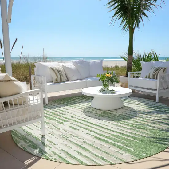 8' Green And Ivory Round Striped Washable Indoor Outdoor Area Rug Photo 6
