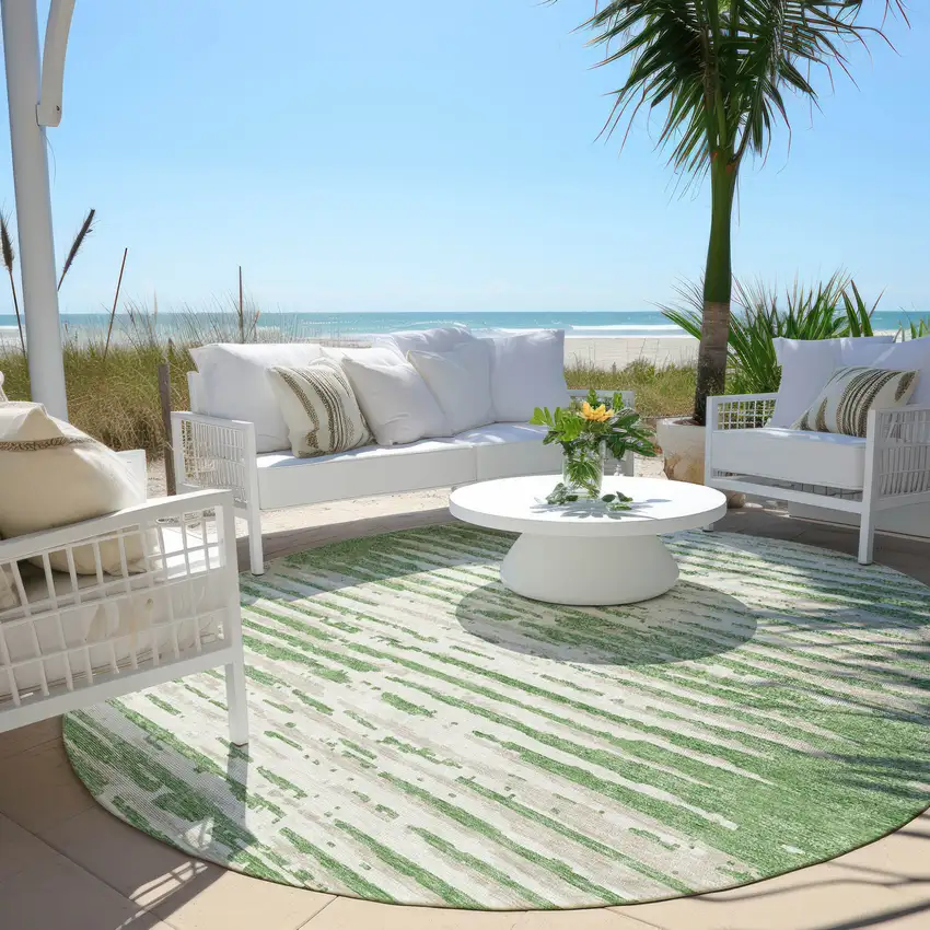 8' Green And Ivory Round Striped Washable Indoor Outdoor Area Rug Photo 6