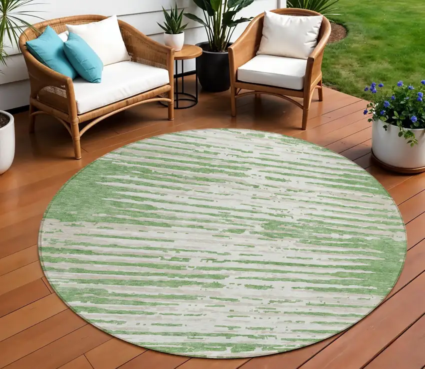 8' Green And Ivory Round Striped Washable Indoor Outdoor Area Rug Photo 1