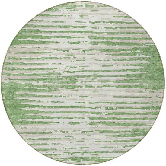 8' Green And Ivory Round Striped Washable Indoor Outdoor Area Rug Photo 5