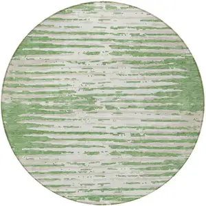Photo of 8' Green And Ivory Round Striped Washable Indoor Outdoor Area Rug