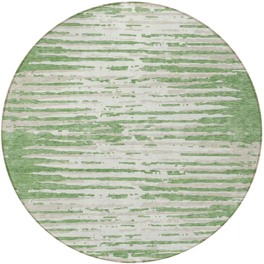 8' Green And Ivory Round Striped Washable Indoor Outdoor Area Rug Photo 5
