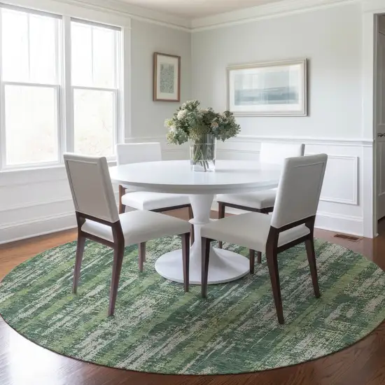8' Green And Ivory Round Striped Washable Indoor Outdoor Area Rug Photo 7
