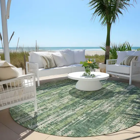 8' Green And Ivory Round Striped Washable Indoor Outdoor Area Rug Photo 6