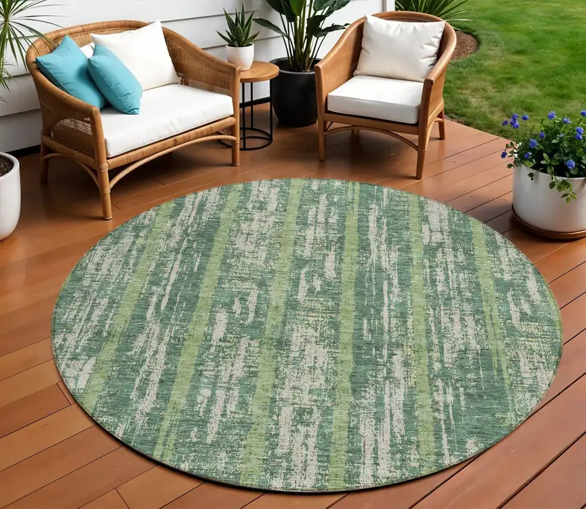 8' Green And Ivory Round Striped Washable Indoor Outdoor Area Rug Photo 1