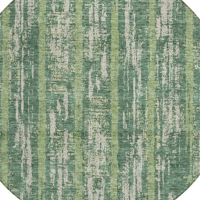 8' Green And Ivory Round Striped Washable Indoor Outdoor Area Rug Photo 4
