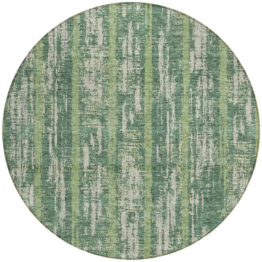 8' Green And Ivory Round Striped Washable Indoor Outdoor Area Rug Photo 5
