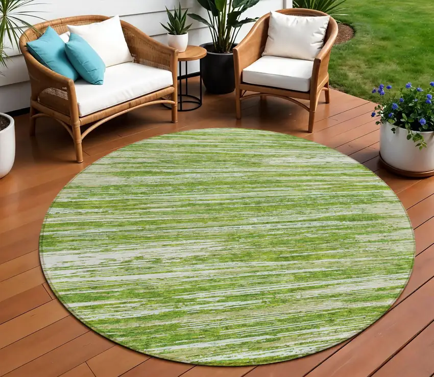 8' Green And Ivory Round Striped Washable Indoor Outdoor Area Rug Photo 1
