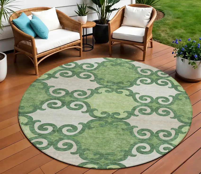 8' Green And Ivory Round Trellis Washable Indoor Outdoor Area Rug Photo 1