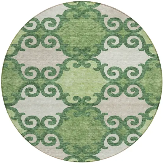 8' Green And Ivory Round Trellis Washable Indoor Outdoor Area Rug Photo 2
