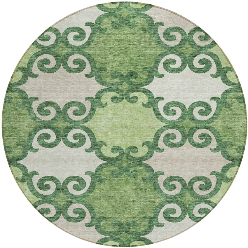 8' Green And Ivory Round Trellis Washable Indoor Outdoor Area Rug Photo 2