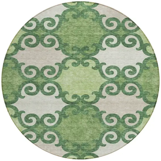 8' Green And Ivory Round Trellis Washable Indoor Outdoor Area Rug Photo 5