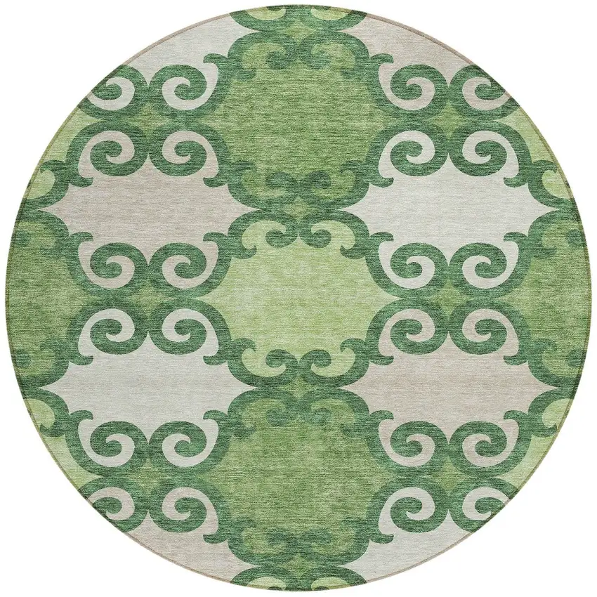 8' Green And Ivory Round Trellis Washable Indoor Outdoor Area Rug Photo 5