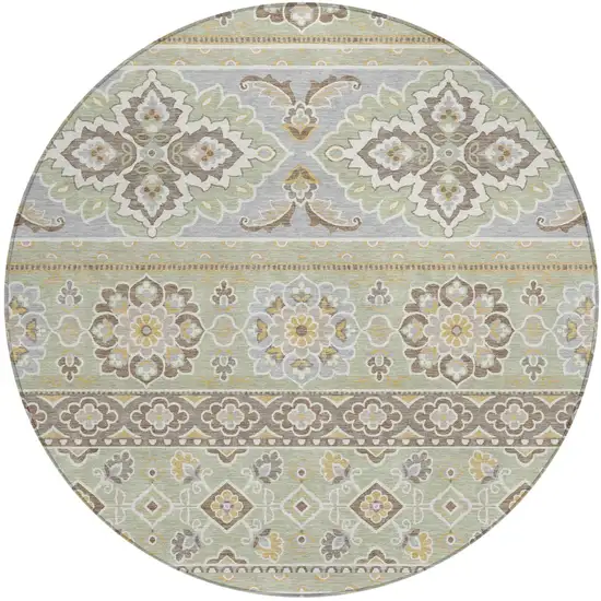 8' Green And Ivory Round Tribal Washable Indoor Outdoor Area Rug Photo 2