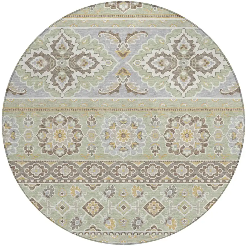 8' Green And Ivory Round Tribal Washable Indoor Outdoor Area Rug Photo 2