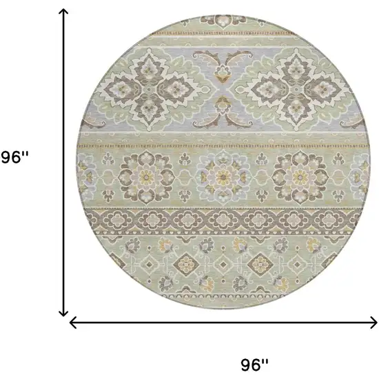 8' Green And Ivory Round Tribal Washable Indoor Outdoor Area Rug Photo 8