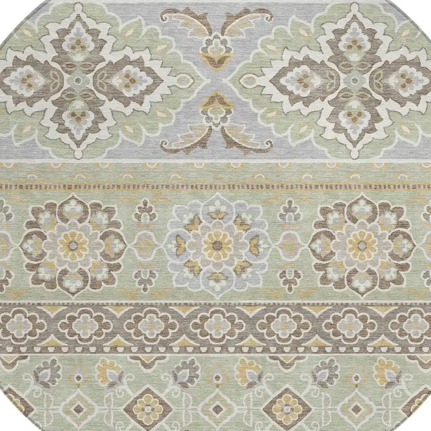8' Green And Ivory Round Tribal Washable Indoor Outdoor Area Rug Photo 4