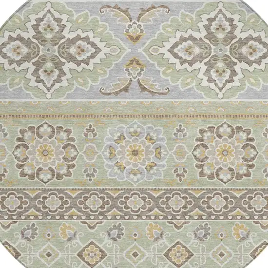 8' Green And Ivory Round Tribal Washable Indoor Outdoor Area Rug Photo 4
