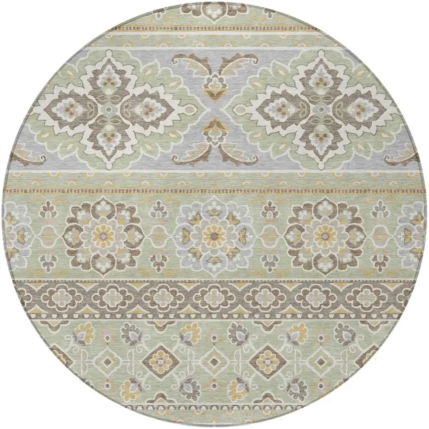 8' Green And Ivory Round Tribal Washable Indoor Outdoor Area Rug Photo 3