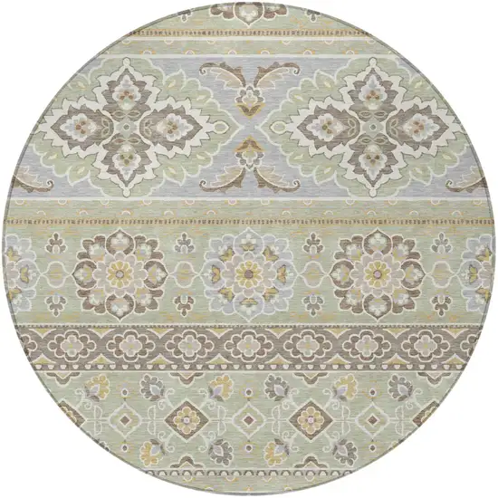 8' Green And Ivory Round Tribal Washable Indoor Outdoor Area Rug Photo 3