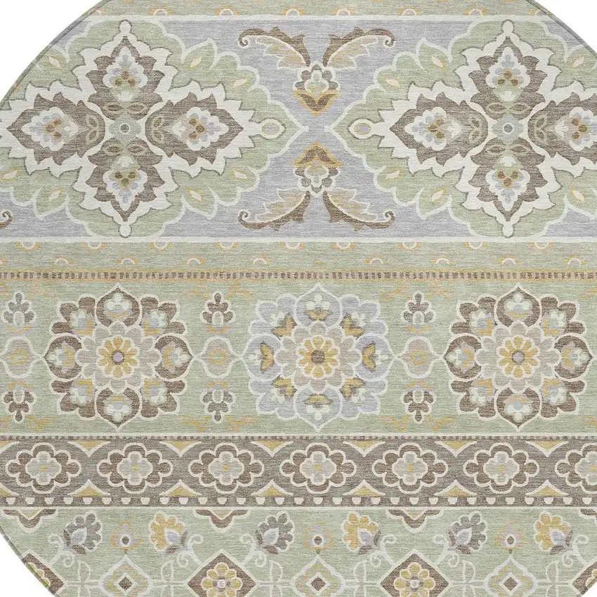 8' Green And Ivory Round Tribal Washable Indoor Outdoor Area Rug Photo 5