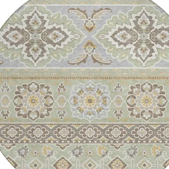 8' Green And Ivory Round Tribal Washable Indoor Outdoor Area Rug Photo 5