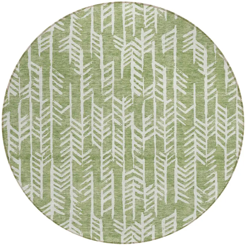 8' Green And Ivory Round Tribal Washable Indoor Outdoor Area Rug Photo 2
