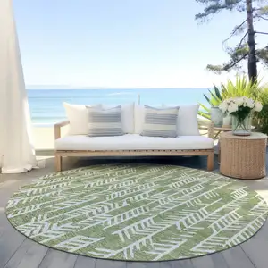 Photo of 8' Green And Ivory Round Tribal Washable Indoor Outdoor Area Rug