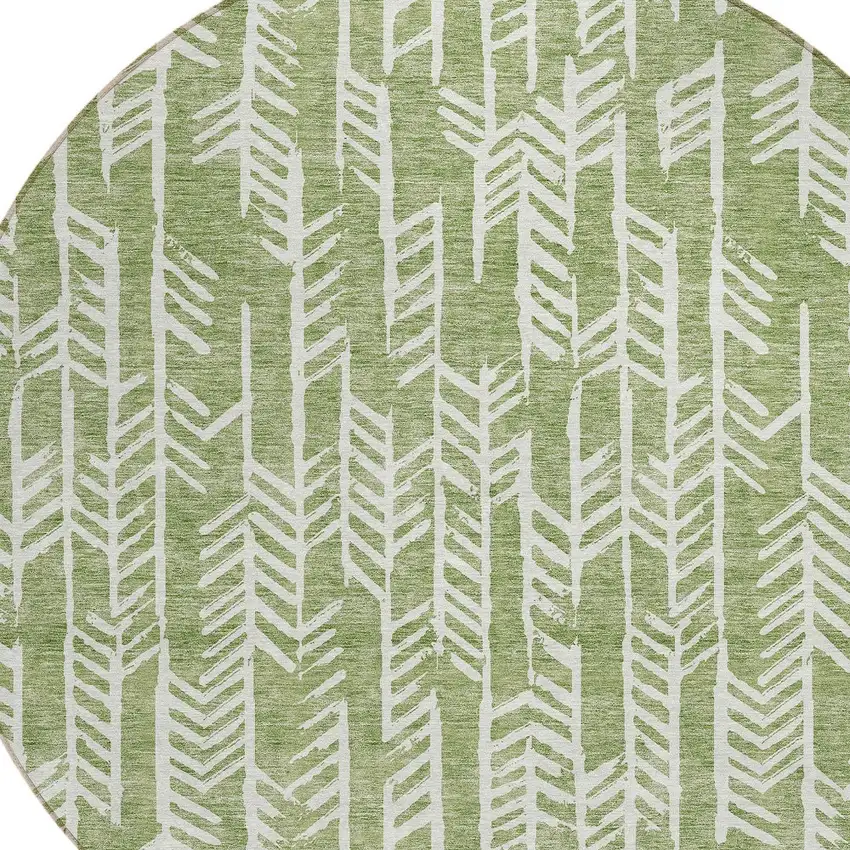 8' Green And Ivory Round Tribal Washable Indoor Outdoor Area Rug Photo 4