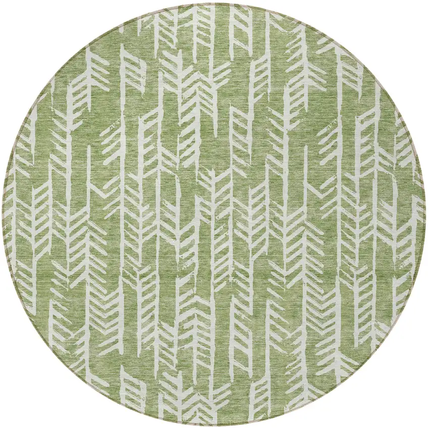 8' Green And Ivory Round Tribal Washable Indoor Outdoor Area Rug Photo 5