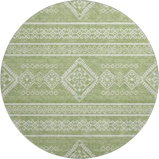 8' Green And Ivory Southwestern Washable Round Rug With UV Protection Photo 1