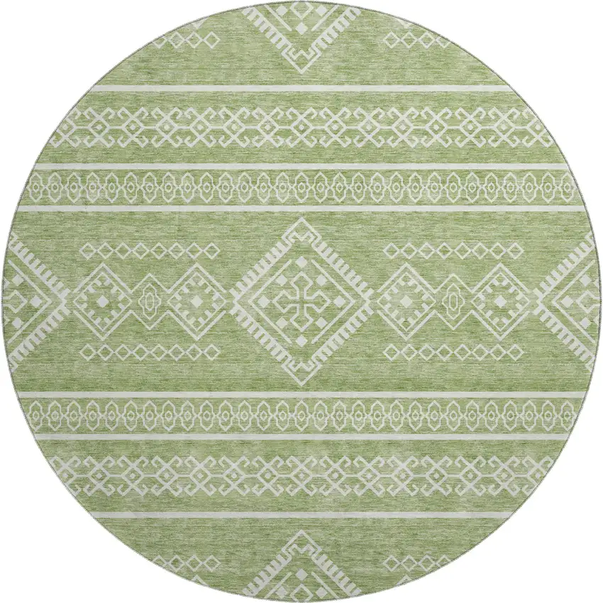 8' Green And Ivory Southwestern Washable Round Rug With UV Protection Photo 1