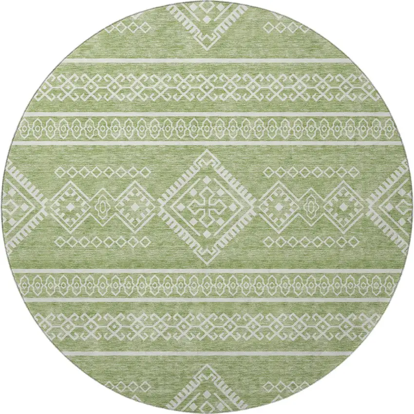 8' Green And Ivory Southwestern Washable Round Rug With UV Protection Photo 4