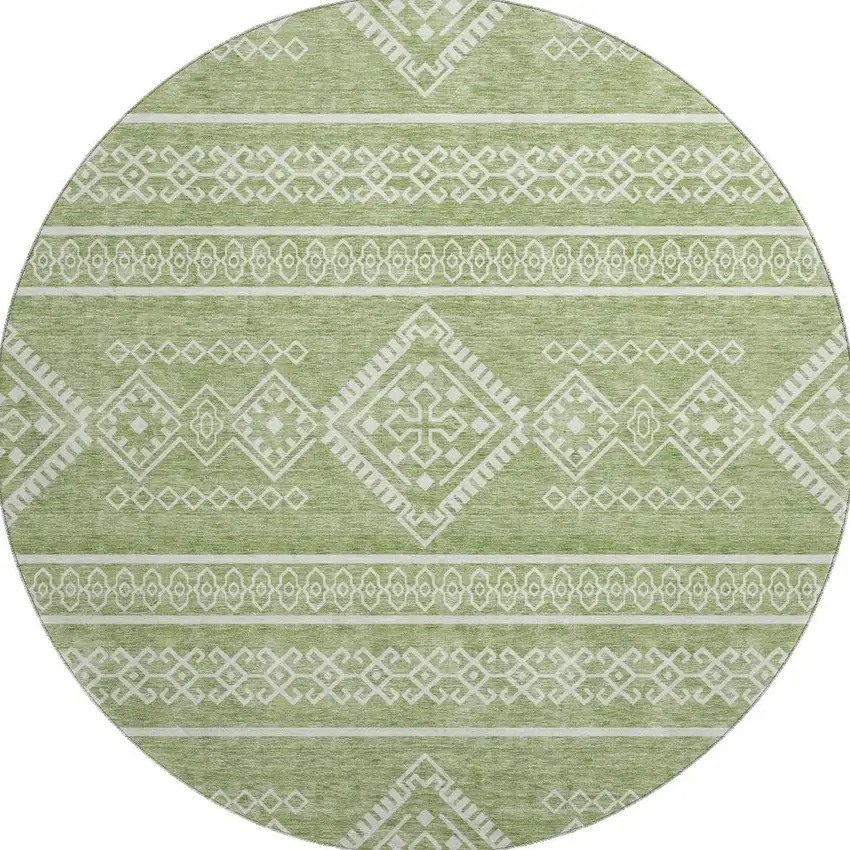 8' Green And Ivory Southwestern Washable Round Rug With UV Protection Photo 3