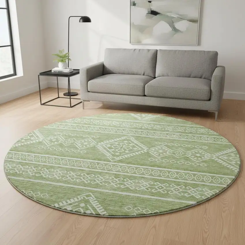 8' Green And Ivory Southwestern Washable Round Rug With UV Protection Photo 2