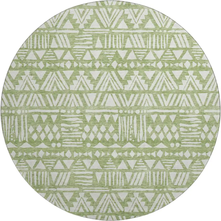 8' Green And Ivory Southwestern Washable Round Rug With UV Protection Photo 1