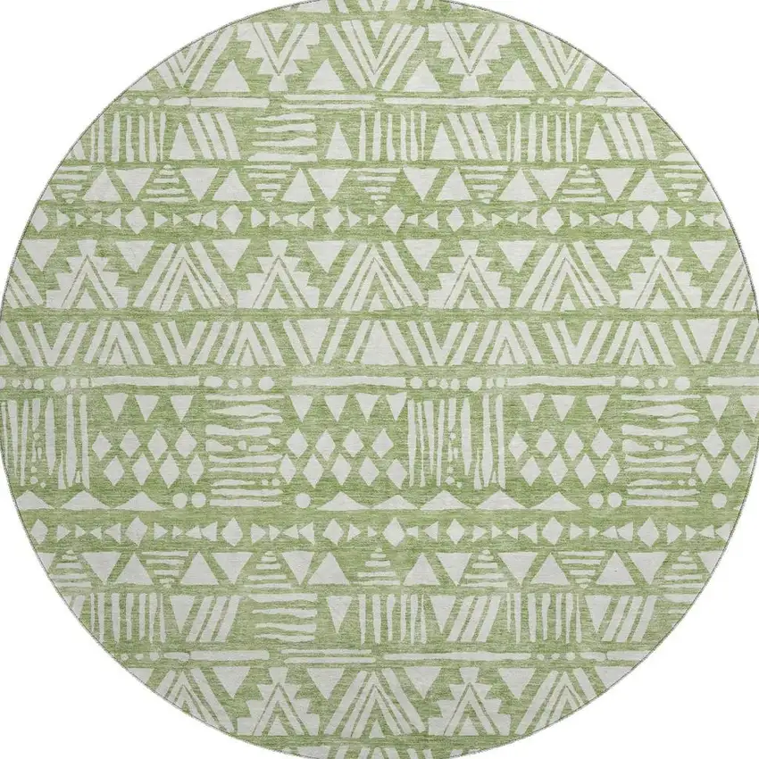 8' Green And Ivory Southwestern Washable Round Rug With UV Protection Photo 4