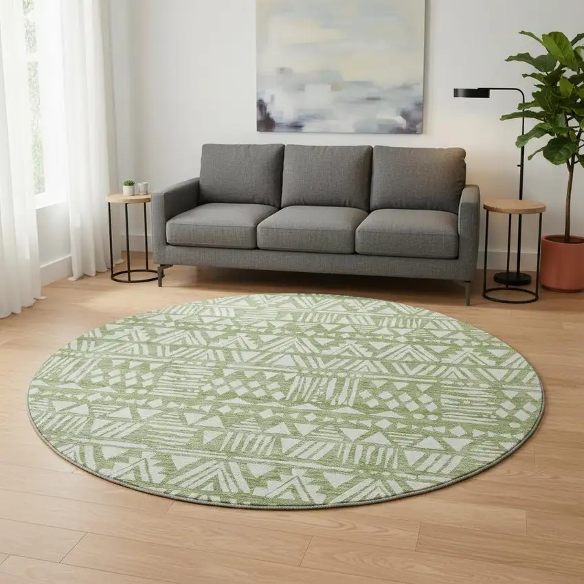 8' Green And Ivory Southwestern Washable Round Rug With UV Protection Photo 2