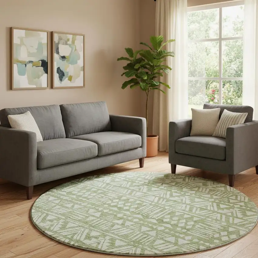 8' Green And Ivory Southwestern Washable Round Rug With UV Protection Photo 1