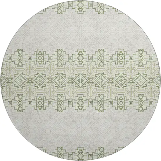 8' Green And Ivory Southwestern Washable Round Rug With UV Protection Photo 1