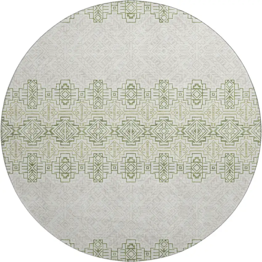 8' Green And Ivory Southwestern Washable Round Rug With UV Protection Photo 1