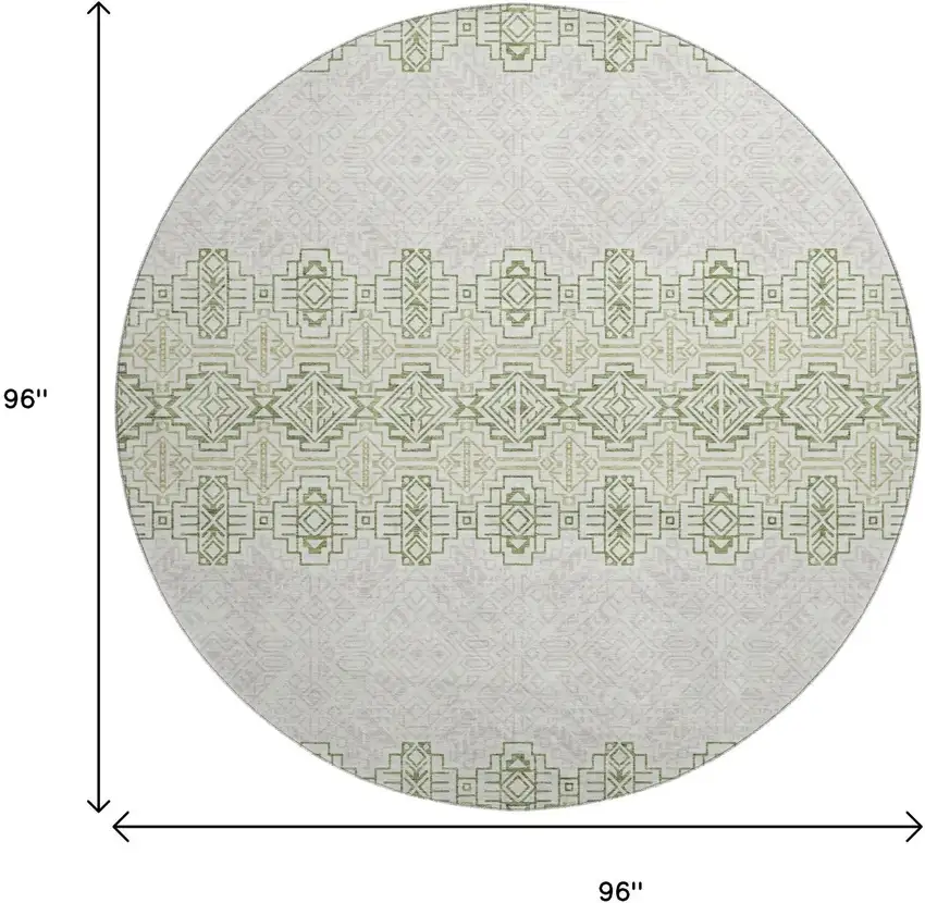 8' Green And Ivory Southwestern Washable Round Rug With UV Protection Photo 9