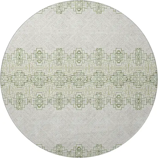 8' Green And Ivory Southwestern Washable Round Rug With UV Protection Photo 3