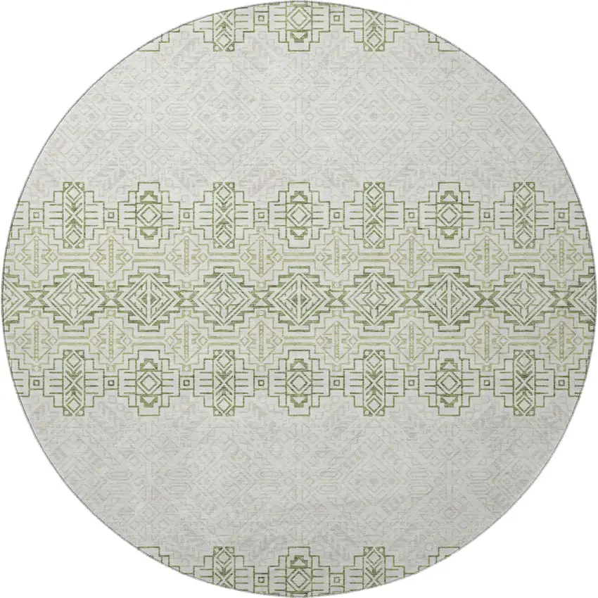 8' Green And Ivory Southwestern Washable Round Rug With UV Protection Photo 3