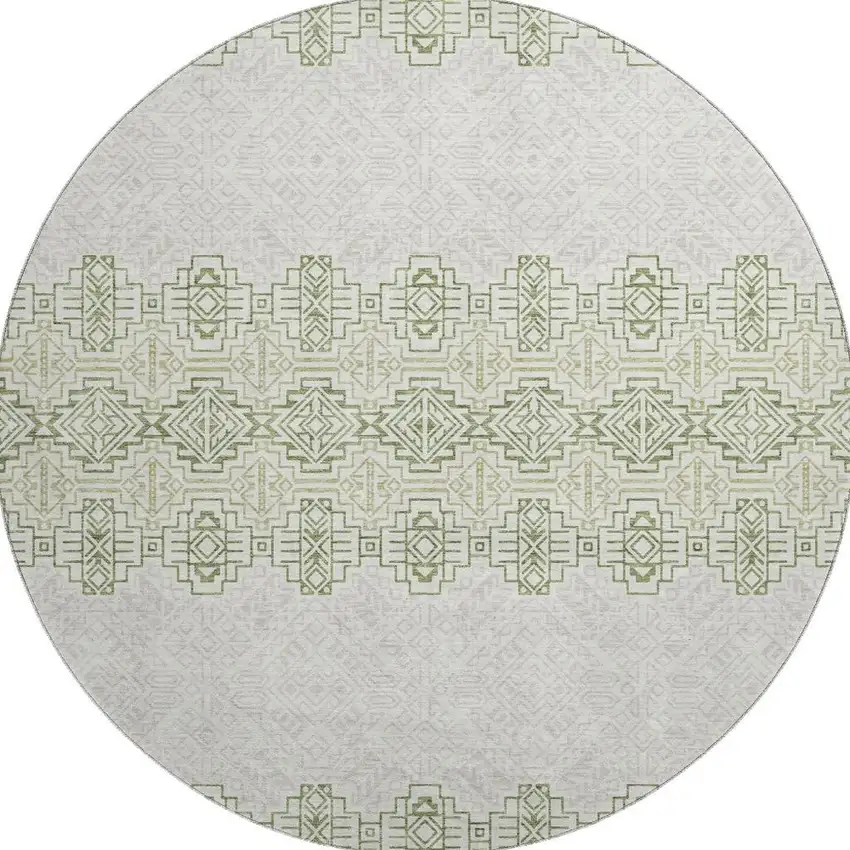 8' Green And Ivory Southwestern Washable Round Rug With UV Protection Photo 2