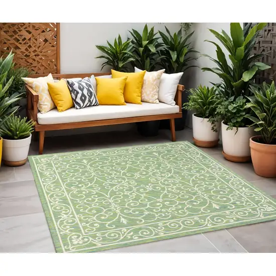 5' Green And Ivory Square Medallion Indoor Outdoor Area Rug Photo 1