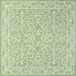 Photo of 5' Green And Ivory Square Medallion Indoor Outdoor Area Rug